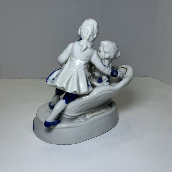 Vintage Porcelain Colonial/Victorian Figures Tea Party Couple Blue/White - Picture 3 of 6